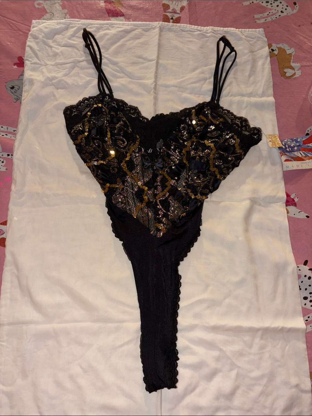 Vintage Black Lace & Gold Sequin Bodysuit - medium new